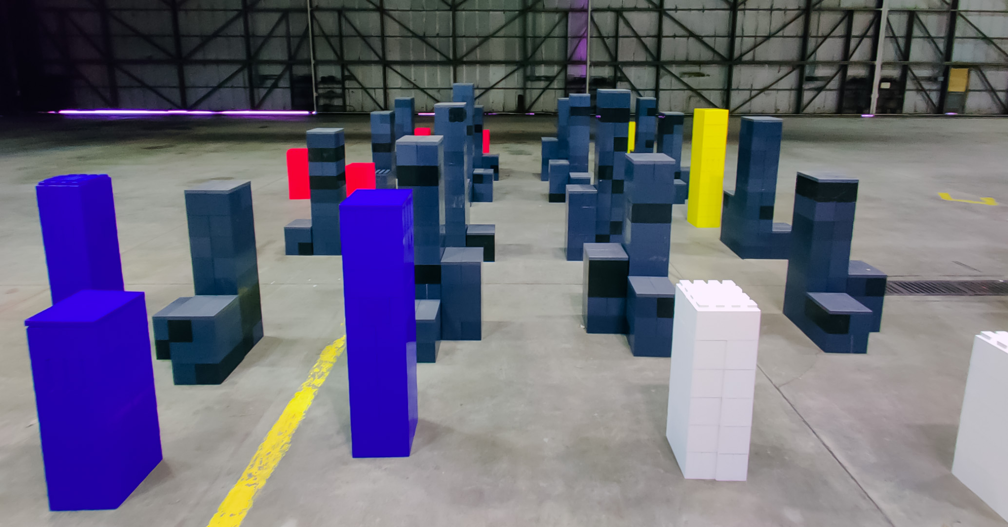 Stacks of large interlocking bricks create a scaled-down city of "buildings" that are up to 5 feet tall